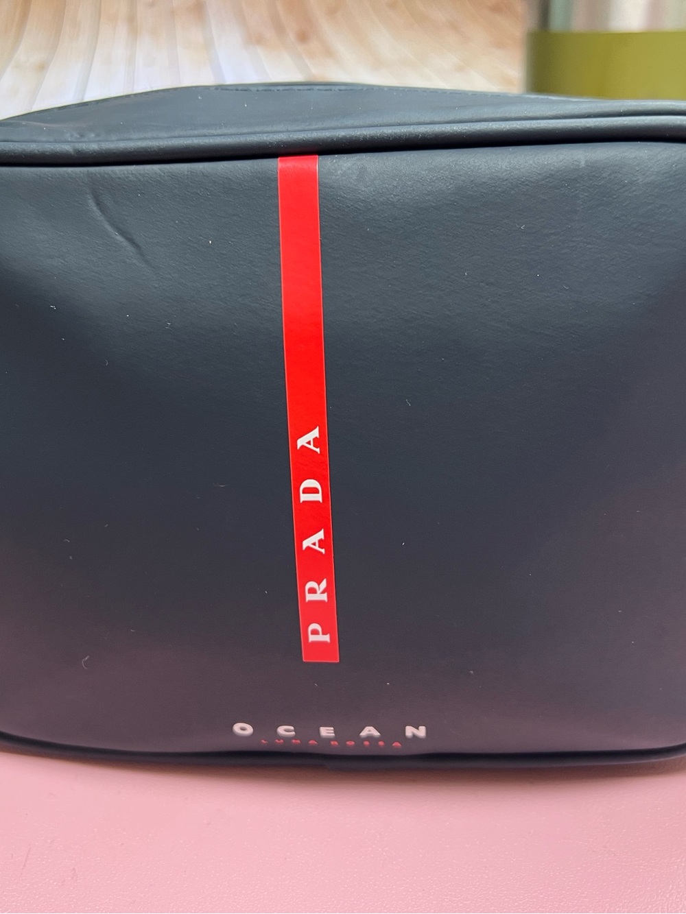 Prada Ocean Luna Rossa Navy Toiletry Bag with Red Logo Stripe